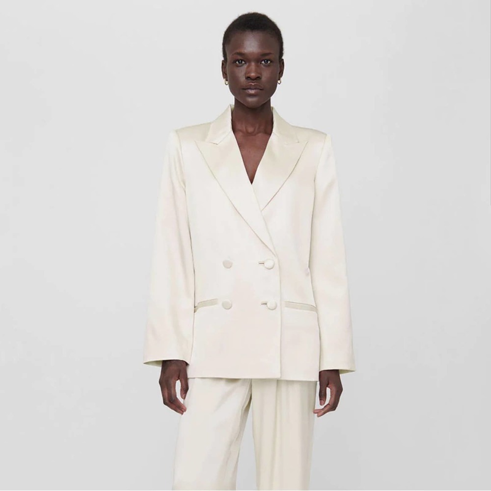 Anine Bing Donne Double Breasted Silk Blazer XS Oyster EUC